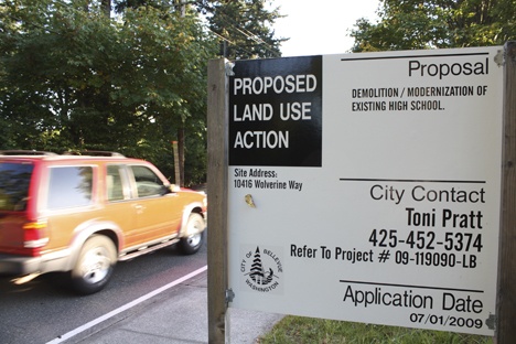 A sign on 108th Avenue Northeast notifies locals of a proposed remodel for Bellevue High due to start in 2010.