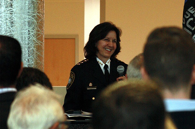 Bellevue Police Chief Linda Pillo gets a standing ovation at a police foundation breakfast for her 35 years of public service