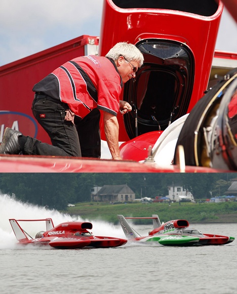 Top: Bellevue resident Steve Peterson works on the U-5 Formula hyrdoplane boat. Bottom: The U-5 Formula boat closes in on the U-1 Oberto boat during a race last summer.