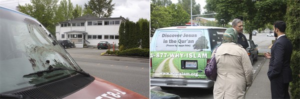 Left: A Why Islam van smeared with excrement