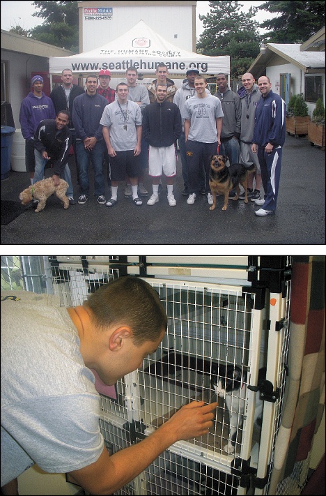 Top: The Seattle C.C. Storm Men gather in front of the Seattle Humane Society’s front doors after visiting the shelter and handing over the proceeds from their Free Throws for Animals fundraiser. Above: Storm member Jeremy Rohrer plays with a shelter kitten during the team’s visit.