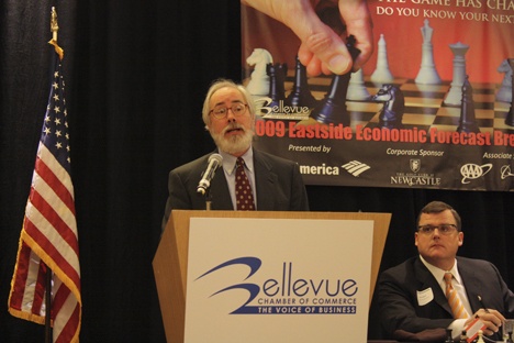 Microsoft Corporate Affairs  communications manager Scott Selby talks during the Nov. 19 Bellevue Chamber of Commerce Eastside Economic Forecast Breakfast about what drives an economic recovery.