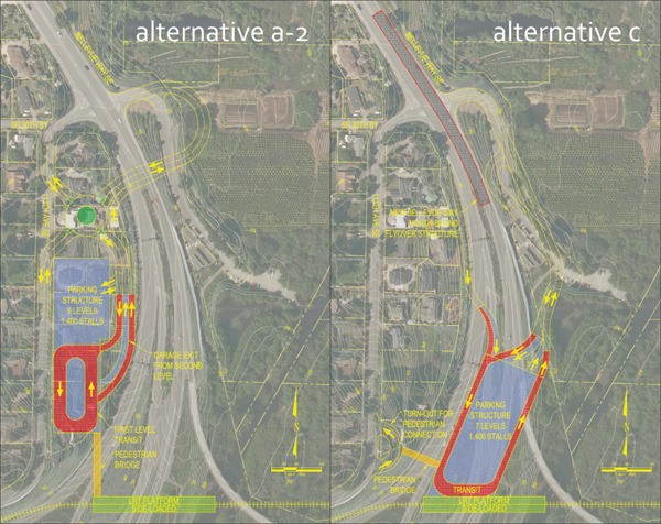 These maps show the top two alternatives for relocating the South Bellevue park and ride to connect with the B7 light-rail line.