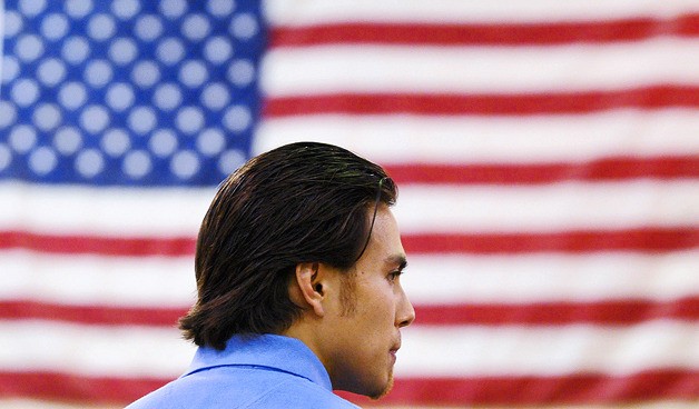 Eight-time Olympic gold medal winner Apolo Anton Ohno during a visit to Chinook Middle School in Bellevue on March 12