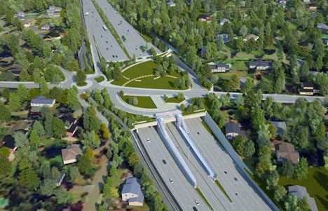 This rendering shows the landscaped highway lid that WSDOT plans to construct at 92nd Ave. NE as part of the SR-520 improvement project.