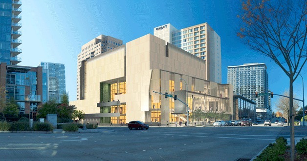 An artist rendering shows the Tateuchi Center adjacent to downtown buildings.