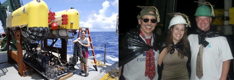 Elleanor Bors missed graduation at Oberlin College to participate in a scientific research cruise studying the Mariana Trench. Right: Bors celebrated graduation day with Dr. Dana Yoerger (left) and Dr. Timothy Shank