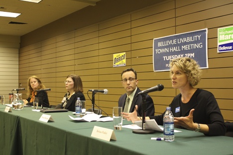 Bellevue City Council candidate Betina Finley answers a question during a forum with the city's new challenging candidates. Pictured left to right are Vicki Orrico