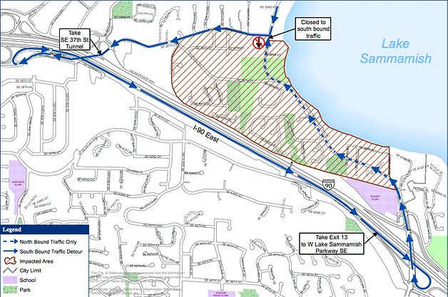 Map shows detour route for West Lake Sammamish Parkway construction project.