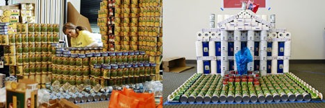 Left: Expedia employee Nelly Finch works on creating a travel-themed structure at the company headquarters in Bellevue on Thursday. Right: A canned food White House. Expedia employees collected 10