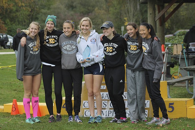 The Bellevue Wolverines girls Cross Country team captured first place compiling 32 team points at the Class 3A KingCo girls meet Oct. 24 at Lake Sammamish State Park. Mercer Island finished in second place with 41 points. Bellevue’s Katherine Penner nabbed first place individually