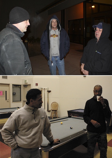 Top: Shelter users chat outside the Crossroads Community Center