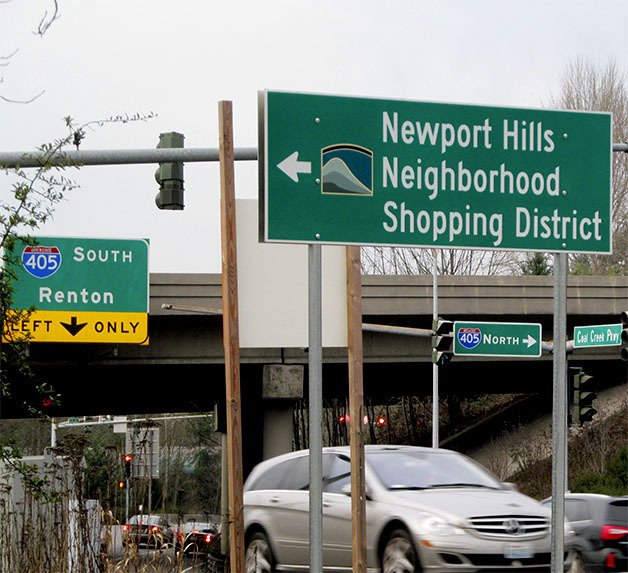 The city of Bellevue in December installed Newport Hills Neighborhood Shopping District signs at 119th Avenue Southeast and Southeast 60th Street.