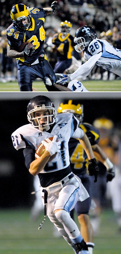 Top: Wolverine RB Joey Mangialardi (34) drags two Interlake defenders into the endzone for a touchdown just before halftime at Bellevue on Friday.  Bottom: Saints WR Dylan Amell races to the endzone for a 72-yard touchdown on Interlake's first play from scrimmage.  Bellevue won 42-13.