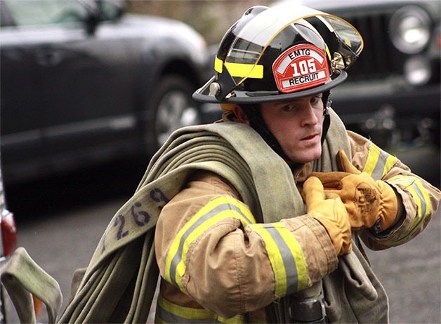 Bellevue Recruit Firefighter Jarrod Larson runs drills Tuesday (Jan. 14) at the city’s training center.