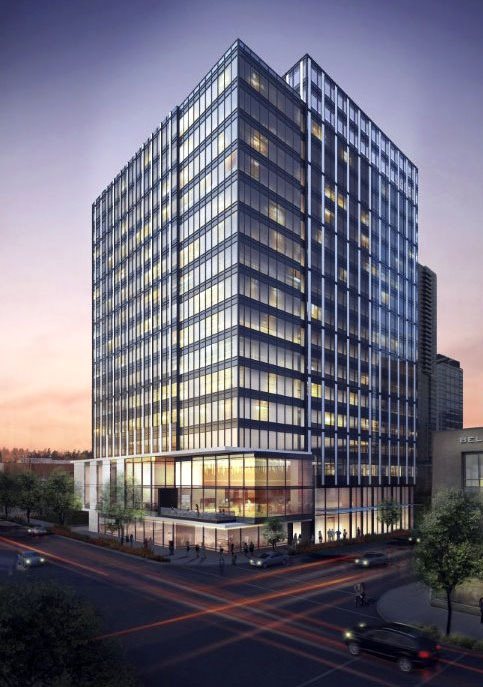 This artist’s rendering shows what a new office tower project by Schnitzer West will look like in downtown Bellevue. A Bank of America at the site will be incorporated into the building