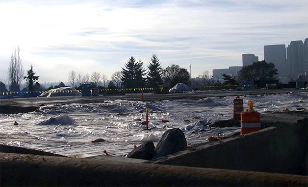 The future site for the Spring District in Bellevue has been cleared of an old Safeway warehouse. Construction workers are now making way for future roads to run through the district.