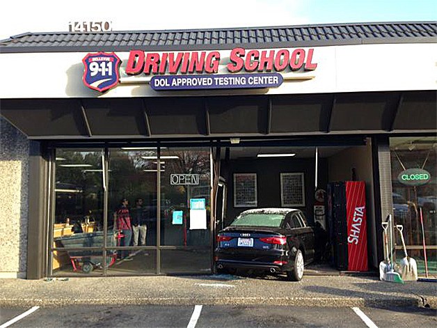 The scene of a crash on Oct. 16 when a driver crashed into the (11 Driving School in Bellevue.