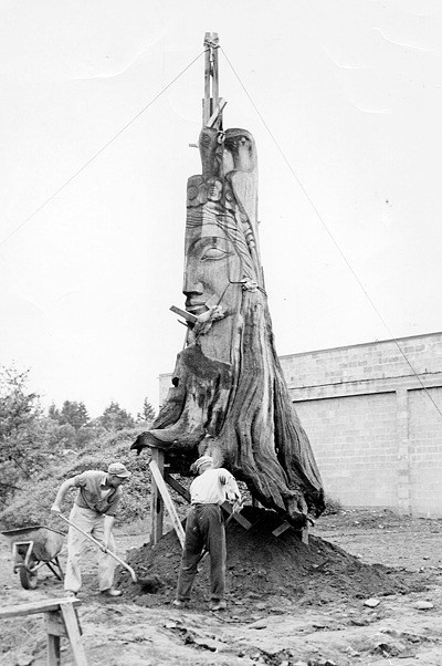 The installation of the original “Forest Deity” sculpture at Bellevue Square and an ice replica.