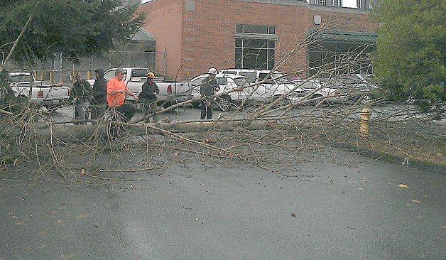 Workers clean up at the United States Post Office at 116th Avenue Northeast and Northeast Second Street around noon Tuesday