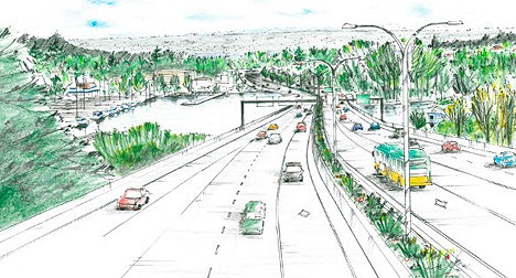 Sketch shows SR 520 as it would be in the Portage Bay area.