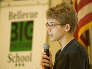 Ninth grader Hunter Sidel speaks during the inaugural day at The Big Picture School in Bellevue on Tuesday