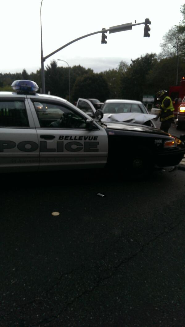 A Bellevue police car was hit head-on Monday morning.