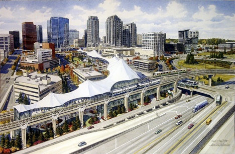 This painting shows a proposal by newly elected Bellevue City Council member Kevin Wallace that would bring light rail along the abandoned BNSF railroad line with a downtown station at 114th Avenue Northeast and Northeast Sixth Street.