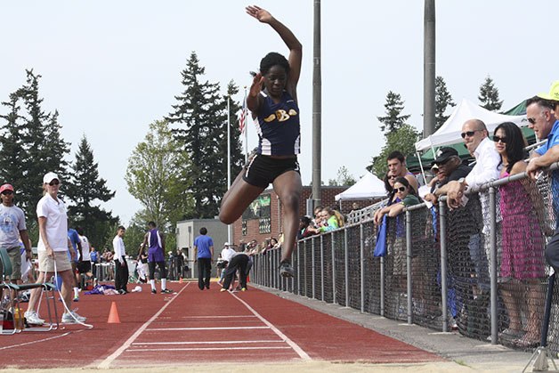 Bellevue's Floraine Kameni won the triple jump competition going away at the KingCo championships.