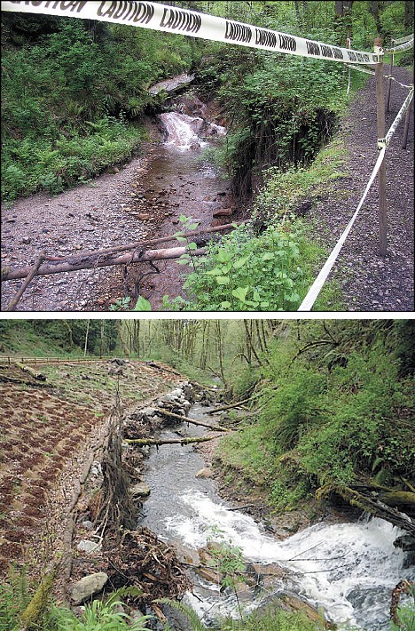 Top:Coal Creek before restoration. Bottom: Coal Creek after restoration.