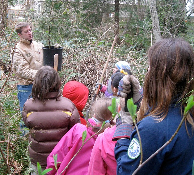 A Bellevue parks ranger shows students from the Eton School one of 35 western red cedar trees they will plant to help prevent erosion.