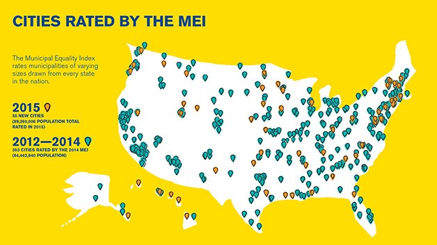 A map showing the cities ranked on the Human Rights Campaign's Municipal Equality Index.