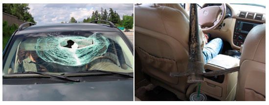 Left: A pick-ax that fell off a passing truck punched a hole in a Bellevue couple's  windshield. Right: The pick-ax came to rest between the front seats.