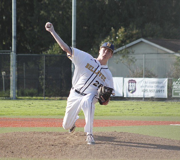 Bellevue starting pitcher Jack Enger delivers a pitch against the Mercer Island Islanders on April 8 at Bellevue High School. Mercer Island defeated Bellevue 5-0 in the contest.