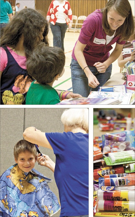 Top: Volunteer Debbie Cook helps Marion Sifuentes and her brother