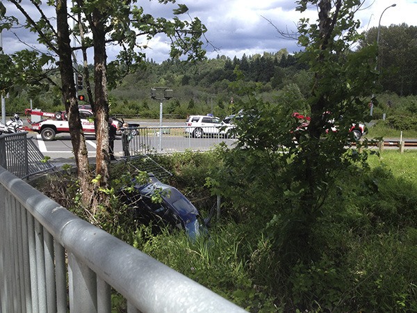 A car careened off the side of the road on Tuesday