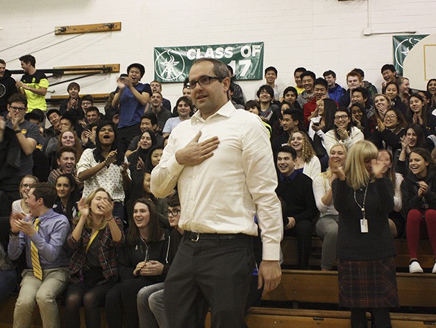 International School teach Ryan Lafferty reacts to the announcement that he won Washington’s 2015–16 Milken Educator Award. Neither he nor the crowd had any idea that Lafferty had won.