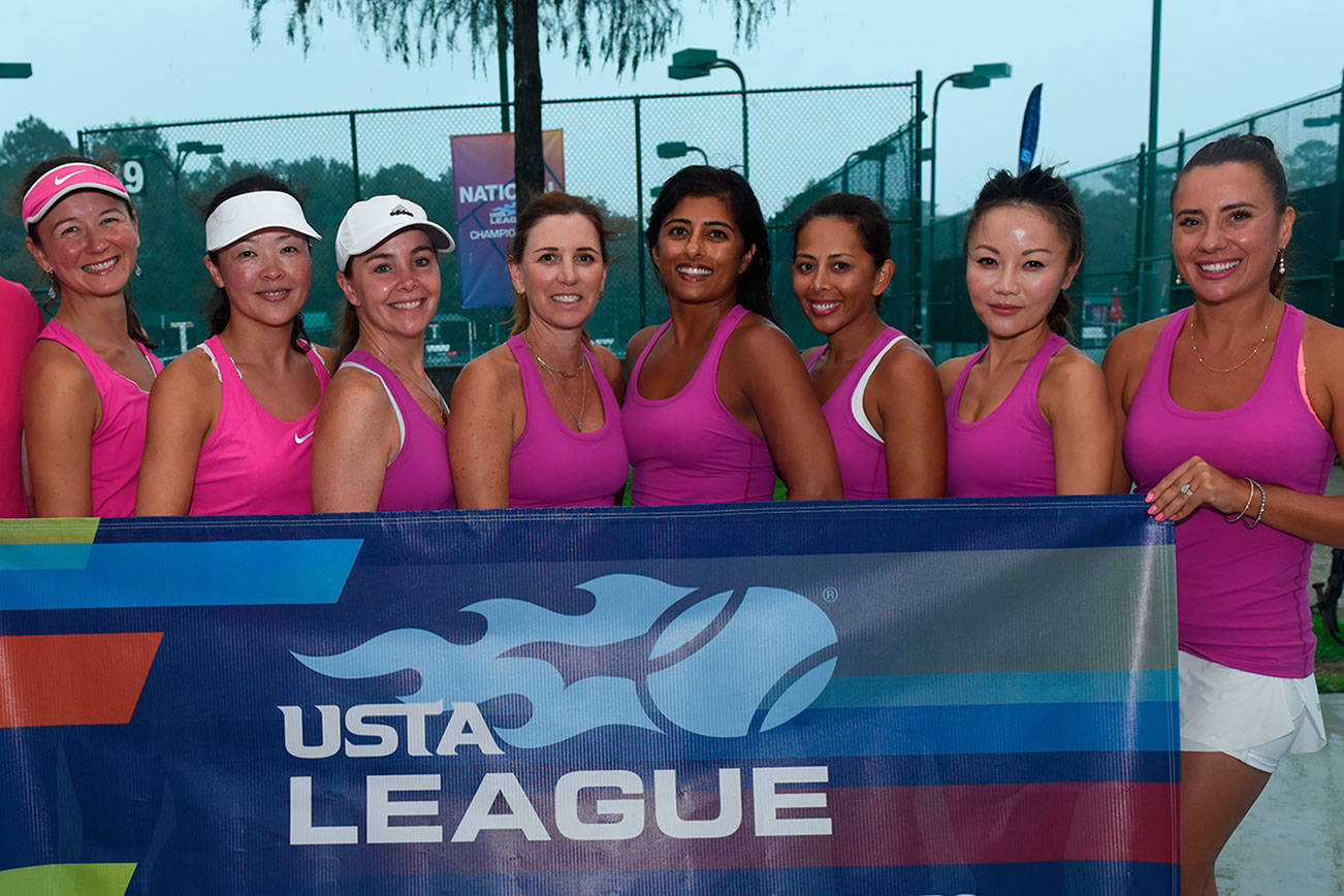 Photo courtesy of USTA                                A Bellevue-based women’s tennis team, which was representing the United States Tennis Association Pacific Northwest Section, wound up as co-champions with three other squads at the USTA Adult 18 over women’s National Championships at the Mobile Tennis Center in Mobile, Alabama on Oct. 22. The Bellevue squad was scheduled to play in the semifinals on the morning of Oct. 22 against a squad from Memphis, Tennessee, but the contest was rained out. The other semifinal featuring teams from Jacksonville, Florida and Chesterfield, Missouri was also rained out. As a result, all four teams were crowned co-champions of the event. Members of the Bellevue roster consist of Arpana Goel, Anna Graves, Anna Reche, Anne Wilson, Claudia Huzar, Ginevra Smith, Heather Lin and Jillian Lee.