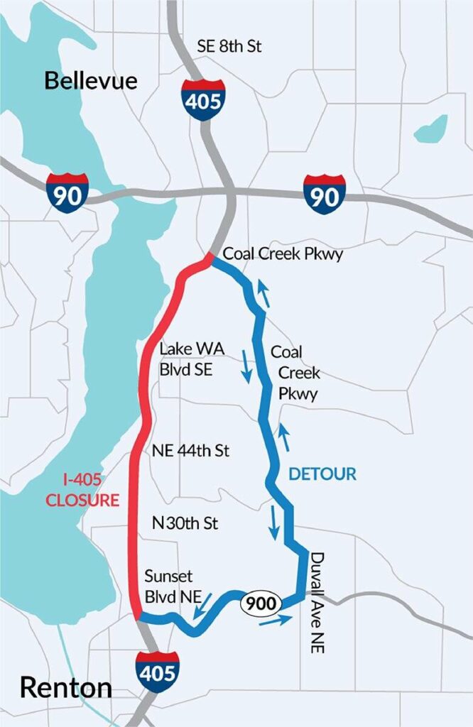 All lanes of I405 between BellevueRenton closed for the weekend