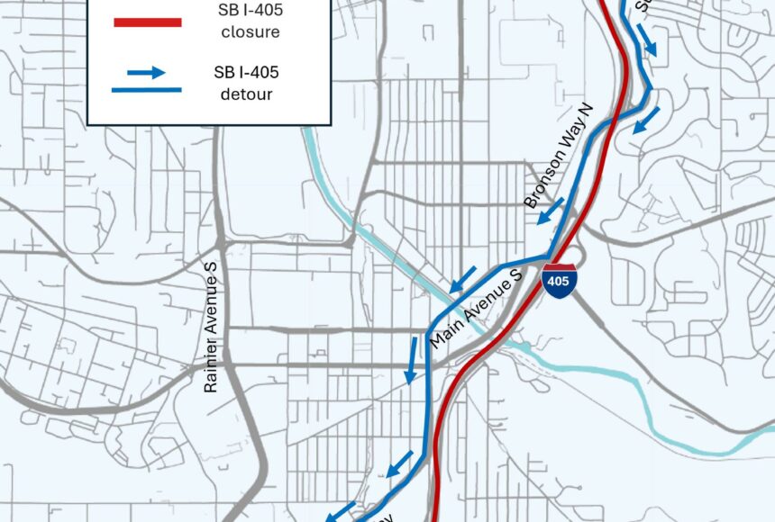 <p>Southbound I-405 through Renton will be closed late Friday evening to early Monday morning. Courtesy of WSDOT.</p>