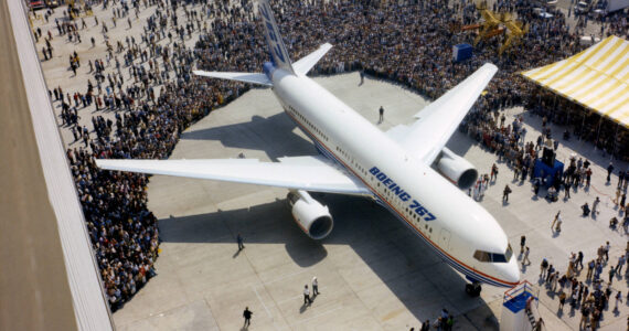 Aug. 4, 1981, was a memorable day for Boeing. The company’s first new commercial transport in more than a dozen years, the Boeing 767, rolled out of the Everett, Washington, plant in front of 15,000 onlookers. This widebody airplane was the first of a new generation of Boeing commercial transports designed for the fuel-conscious 1980s. Using the latest technology, the 767 promised to burn 30 percent less fuel than the generation of transports it was replacing. (Courtesy photo)