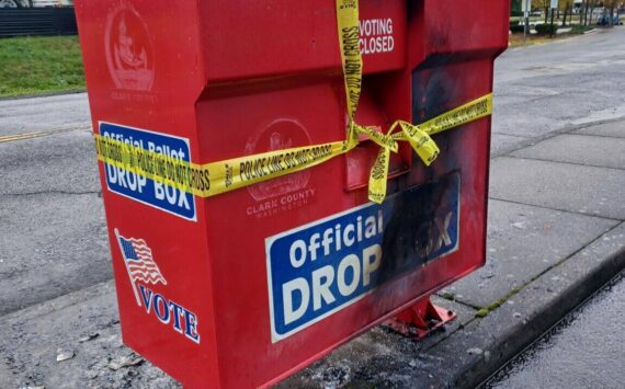 A ballot drop box damaged in a suspected arson incident in Vancouver, Washington, on Oct. 28, 2024. Monika Spykerman/The Columbian/Courtesy of Washington State Standard