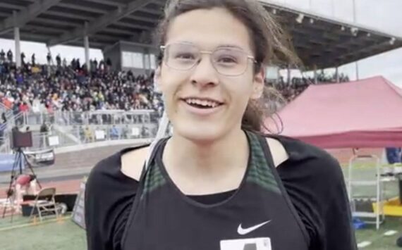 Veronica Garcia gives an interview after winning the 2A girls 400-meter final at the 2024 Washington State Championships at Mt. Tahoma High School in Tacoma. (Screenshot from Runnerspace.com video)