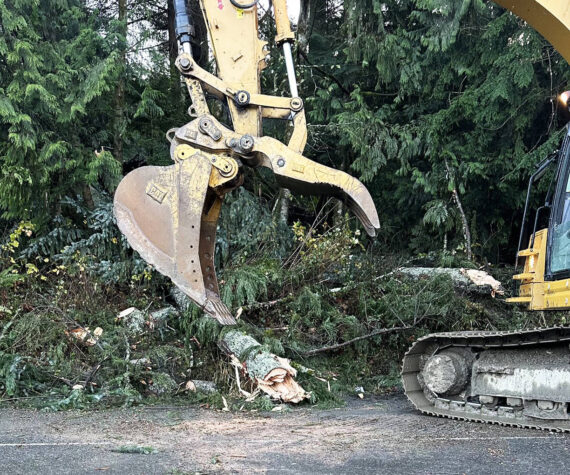 Crews clear trees from State Route 18, which the Washington State Patrol closed in both directions Wednesday, Nov. 20, from Issaquah Hobart to I-90 over Tiger Mountain because of fallen trees during a windstorm. COURTESY PHOTO, Washington State Patrol